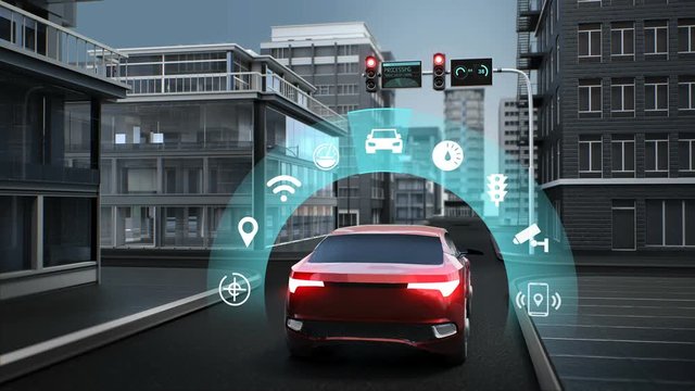 IoT car connect traffic information select application icon, control system, Autonomous driving of unmanned vehicles Internet of things. 4k animation.