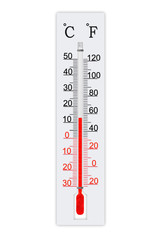 Meteorology thermometer isolated on white background. Thermometer shows air temperature plus 13...