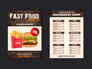 Stylish menu for fast food restaurant. blank for brochure or leaflet for fast food cafe in loft style. Vector template with wood texture elements
