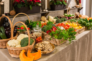 fresh range of vegetables and fruits and home canning on the farm market