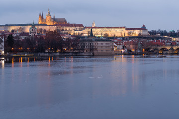 Prague castle in Hradcany with Vltava river at dusk. Famous tourist destination in Prague, Czech republic