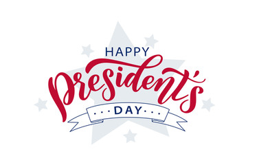 Happy Presidents Day with stars and ribbon. Vector illustration Hand drawn text lettering for Presidents day in USA. Script. Calligraphic design for print greetings card, sale banner, poster. Colorful