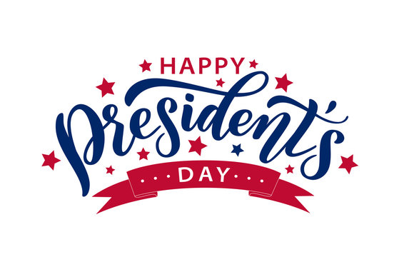 Happy Presidents Day with stars and ribbon. Vector illustration Hand drawn text lettering for Presidents day in USA. Script. Calligraphic design for print greetings card, sale banner, poster. Colorful