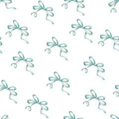 Obraz premium Watercolor pattern background with green bow and bow-tie. backdrop for holiday decorating greeting cards for wedding, birthday, Valentine's day, new year, Christmas