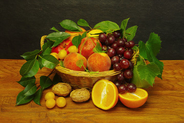 Fruit basket. Lemons, oranges, citruses, Copy space
