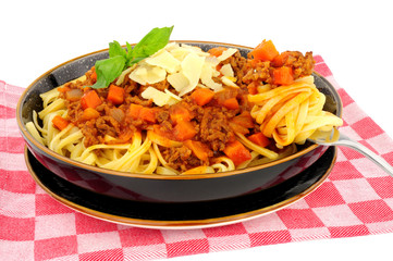 Spaghetti bolognese meal isolated on a white background