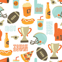 American Football seamless vector pattern. Helmet, trophy, beer, foam finger, fast food, go and touch down lettering. Vintage style background. For tailgate party, super bowl invitation, flyer, decor.
