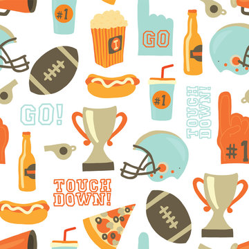 American Football Seamless Vector Pattern. Helmet, Trophy, Beer, Foam Finger, Fast Food, Go And Touch Down Lettering. Vintage Style Background. For Tailgate Party, Super Bowl Invitation, Flyer, Decor.