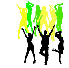 Dark and colored silhouettes of dancing figures. Disco.