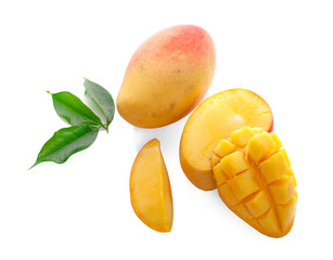 mango slice with green leaves isolated on white background. top view