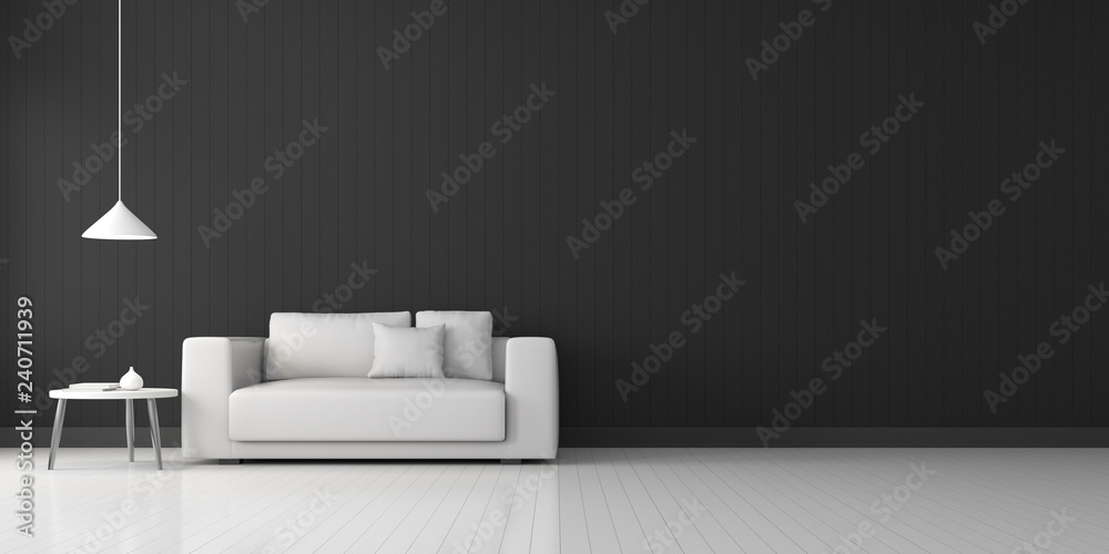 Poster view of living room space with furnitures, black wall and light grey laminate floor.perspective of m