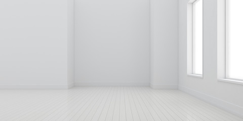 3D rendering of empty white room interior space and white wood floor,Concept of minimal architecture design.