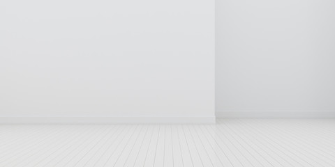 3D rendering of empty white room interior space and white wood floor,Concept of minimal architecture design. - obrazy, fototapety, plakaty