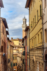 Fototapeta na wymiar View on Torre del Mangia from medieval narrow street Via Sant'Agata. Siena. Italy