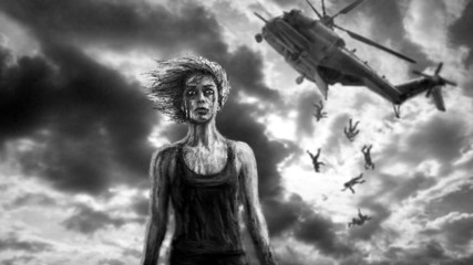 Woman soldier and falling helicopter on background © likozor