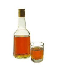 Whiskey and gin in glasses and bottles on a white background. Isolated on white