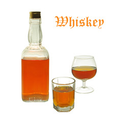 Whiskey and gin in glasses and bottles on a white background. Isolated on white