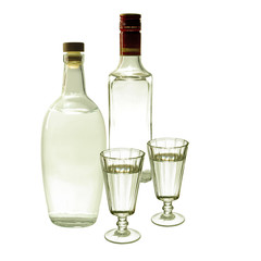 Vodka in bottles and glasses on a white background. Isolated on white