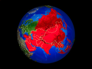 Asia on planet planet Earth with country borders. Extremely detailed planet surface.