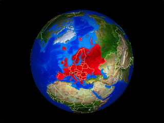 Europe on planet planet Earth with country borders. Extremely detailed planet surface.