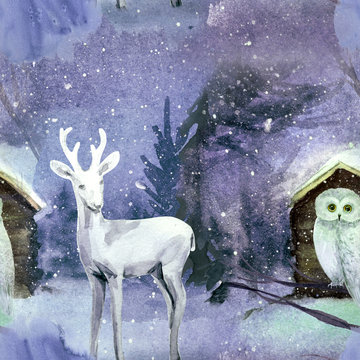Winter seamless pattern with deer and owl in forest