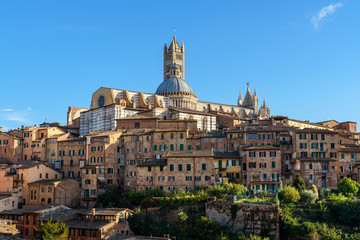 View on Siena with Dome and Bell Tower of Siena Cathedral or Duomo di Siena from Basilica di San Domenico. Italy