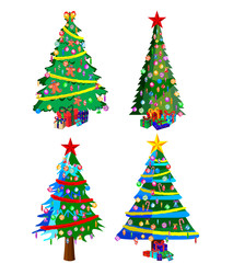 Star decorations, balls and light chains decorated Christmas trees with lots of gift boxes.