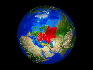 Eastern Europe on planet planet Earth with country borders. Extremely detailed planet surface.