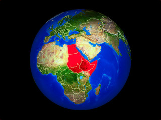 Northeast Africa on planet planet Earth with country borders. Extremely detailed planet surface.