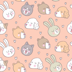 Cartoon cute Valentines day animals and kiss seamless pattern vector.