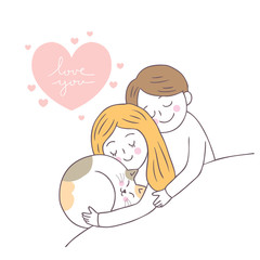 Cartoon cute Valentines day  couple and cat vector.