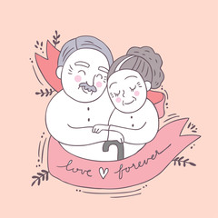 Cartoon cute Valentines day older couple and love vector.