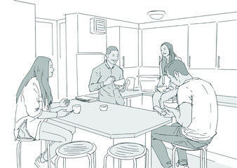 Fototapeta na wymiar Illustration of young people students drinking morning coffe in shared house kitchen