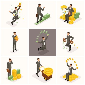 Trendy isometric people, 3d businessman, concept with young businessman, money, success, gold, wealth, joy, work, start-up on a light background