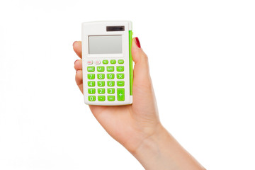 Hand with a calculator isolated on white background