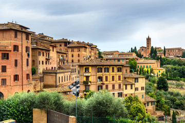 Fototapeta na wymiar View on old city of Siena from Piazza del Mercato. Italy