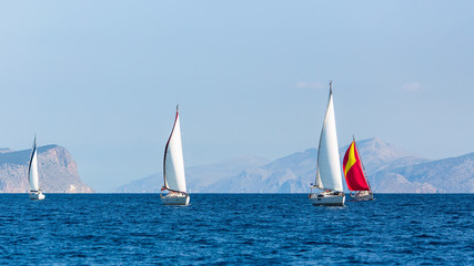 Fototapeta premium Sailing boats participate in yachting regatta.