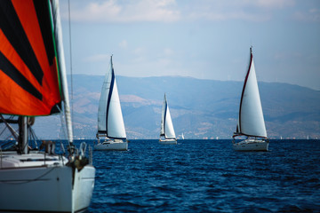 Fototapeta premium Sailing luxury yacht boats group on the Aegean Sea, Greece.