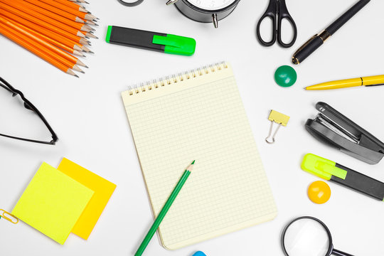 School and office supplies on white background