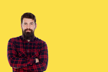 Fototapeta premium Hipster man with big beard on a yellow background