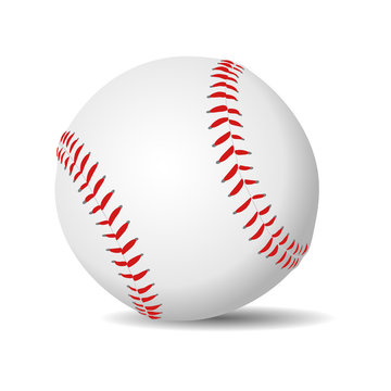 Baseball ball realistic in white leather with red stitches