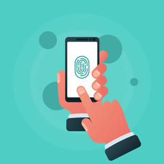 Scanning fingerprint on smartphone. Application identification in mobile phone. Unlock mobile phone. Vector illustration flat design. Isolated on white background. Biometric system.