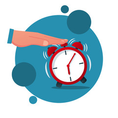 Turns off alarm clock cartoon icon. Vector illustration flat design. Isolated on white background. Man presses the alarm button.
