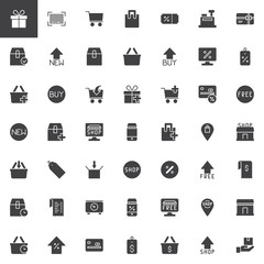 Online Shopping vector icons set, modern solid symbol collection, filled style pictogram pack. Signs, logo illustration. Set includes icons as Gift box, Barcode, Trolley Cart, Discount Coupon, Sale