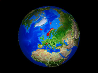 EFTA countries on planet planet Earth with country borders. Extremely detailed planet surface.