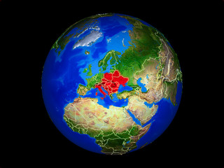 CEI countries on planet planet Earth with country borders. Extremely detailed planet surface.