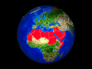 Arab League on planet planet Earth with country borders. Extremely detailed planet surface.