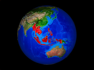 ASEAN memeber states on planet planet Earth with country borders. Extremely detailed planet surface.