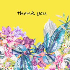 Elegant watercolor tropical flowers and palm leaves