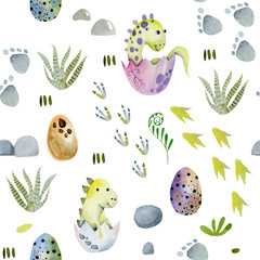 Watercolor cute baby dinosaurs in eggs seamless pattern